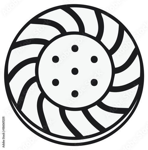 Stylized black and white illustration of round brake rotor with curved vents and center detailing, depicting engineering part