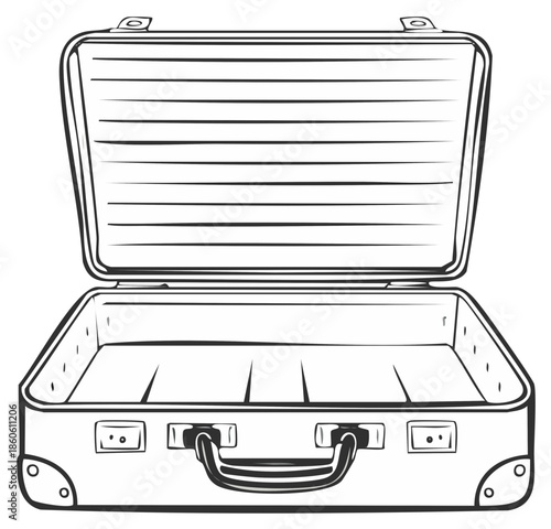 Empty open suitcase line art illustration ready for travel or business trip packing