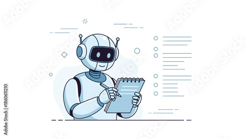 Smiling robot writes notes with pen and notepad in futuristic setting