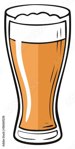 Cartoon illustration of a full glass of beer with foam, isolated on white background.