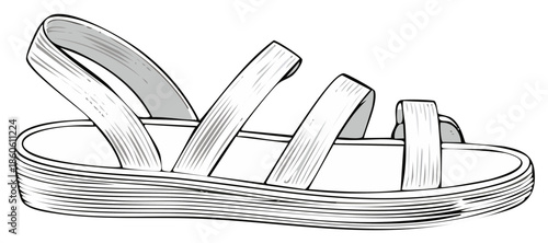 Elegant Summer Sandal Sketch with Straps Fashionable Footwear Outline Illustration