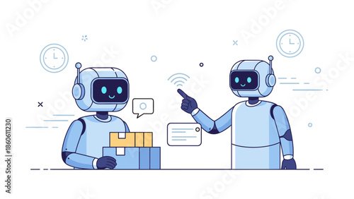 Friendly robots interacting in warehouse environment with boxes and communication icons