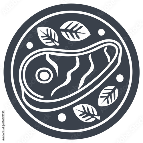 Stylized gourmet meat dish icon featuring a cut of meat, fresh leaves, and garnish in a circular emblem.