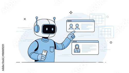 Futuristic robot interacting with digital interfaces in a modern setting