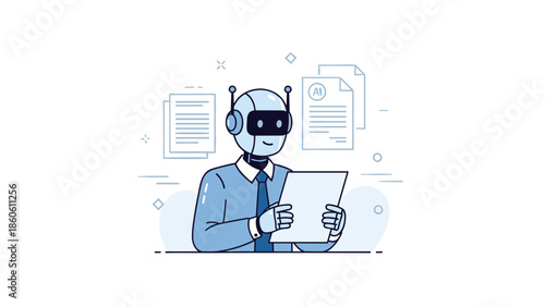 Illustration of robot reading document with ai technology background