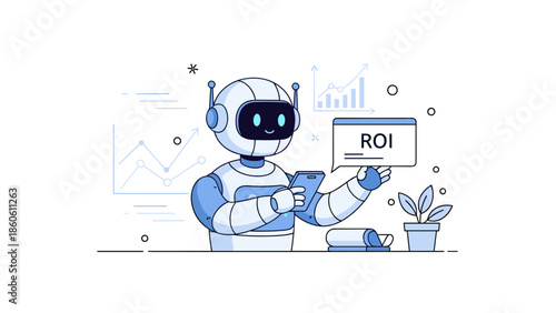 Friendly robot analyzing roi data with smartphone and charts