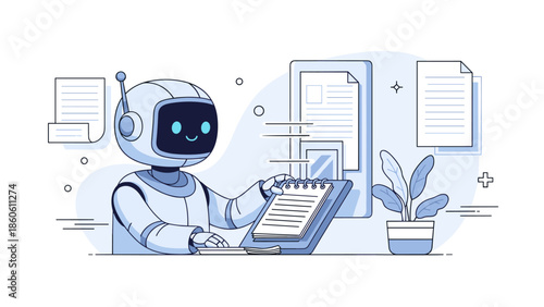 Cute robot organizing desk with notebook and documents in office setting