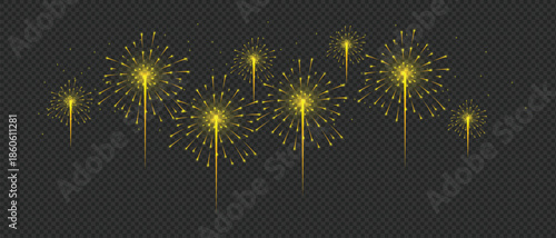 Bright yellow festive fireworks illuminating the night sky with stunning bursts and sparkling effects