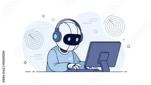 Cartoon ai robot with headphones working on a computer
