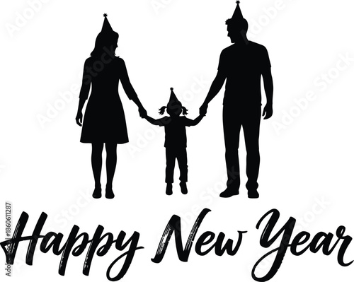 A silhouetted family with party hats celebrates the happy new year together