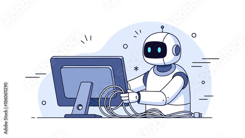 Friendly robot setting up computer workspace with monitor and cables