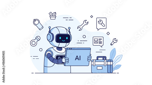 Friendly robot interacting with tools and devices in a futuristic digital illustration
