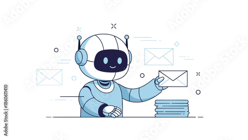 Friendly robot sorting mail with envelopes in futuristic setting