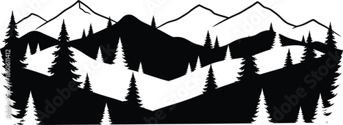 Silhouetted mountains and coniferous trees against a plain white backdrop