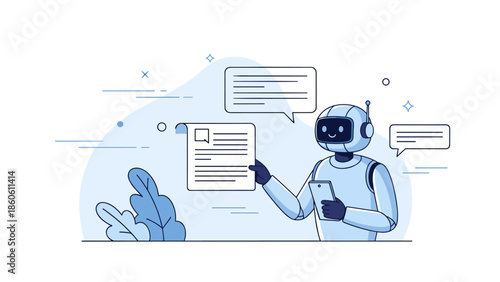 Friendly robot interacting with digital documents and chat bubbles