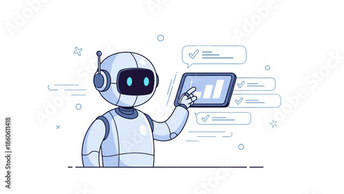 Futuristic robot interacting with digital interface displaying data