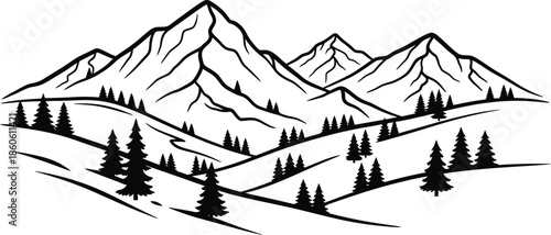 Line art illustration of majestic mountains and a forested landscape below