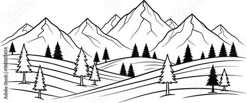 A serene landscape featuring majestic mountains and a lush forest scene