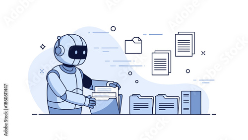 Ai robot organizing digital documents in futuristic workspace