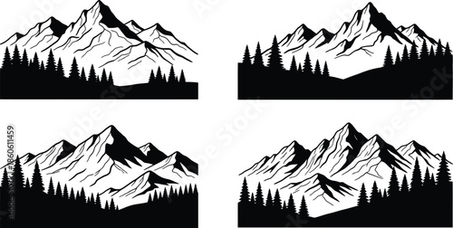 Black and white mountain range silhouettes with evergreen forest details