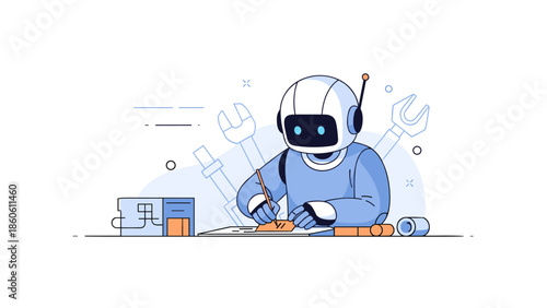 Robot drawing at desk with tools and technical background
