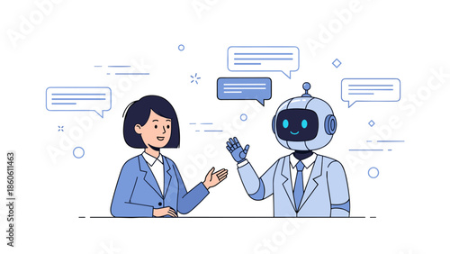 Asian female conversing with robot: futuristic human-robot interaction in business setting