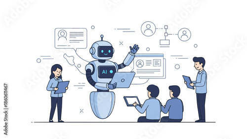 Robotic ai assistant engaging with diverse office team in technology workshop