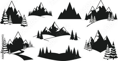 A collection of silhouetted mountain and tree graphics in black and white