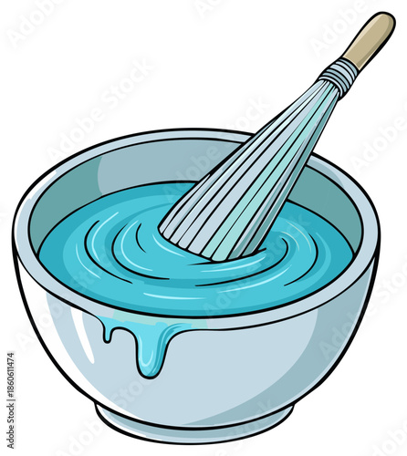 Bowl of Blue Liquid with Whisk Stirring Motion