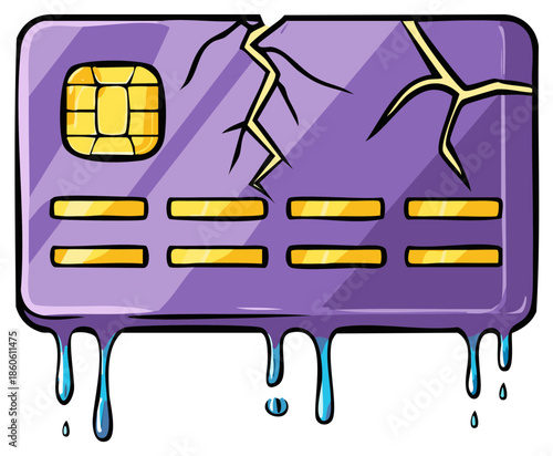 Cracked credit card with melting edges and dripping liquid symbolizes financial crisis
