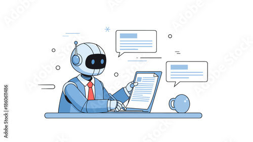 Futuristic robot at desk with digital tablet and speech bubbles
