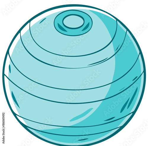 Turquoise fitness ball with horizontal stripes and a raised circular top.