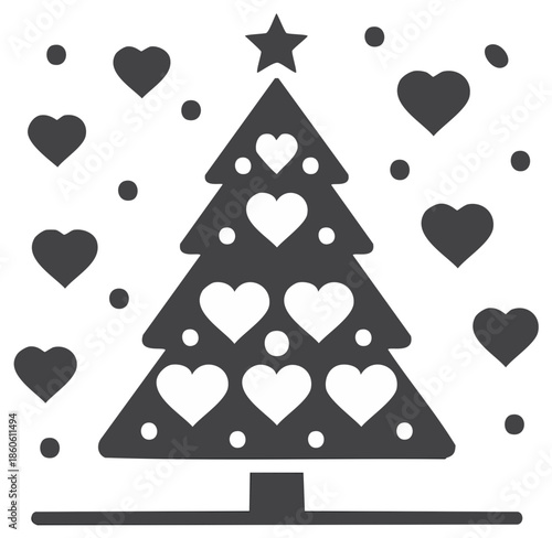 Minimalist Christmas tree icon featuring a star topper and heart patterns surrounded by floating hearts