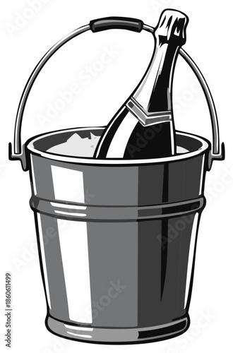 Silver bucket filled with ice and a bottle of champagne with a celebratory cap