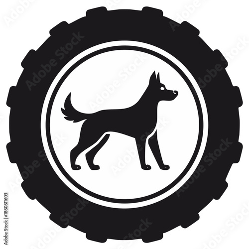 Black and white vector icon of a dog silhouette inside a circular gear or tire tread emblem