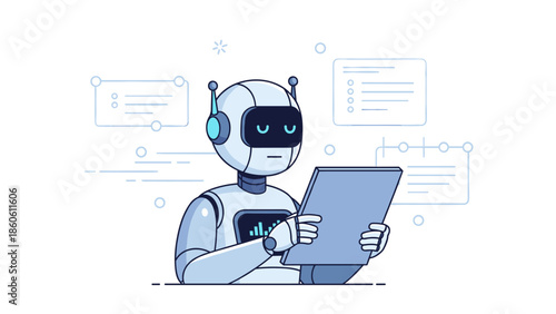 Robot reading digital tablet in futuristic setting with holographic interface