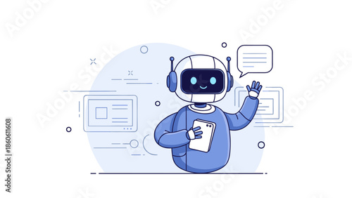 Friendly blue robot with backpack and tablet communicating digitally in futuristic setting