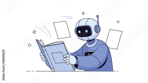 Cartoon robot in blue sweater reading a book with floating pages around