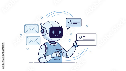 Friendly robot interacting with messages and chat bubbles