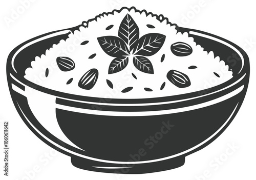 Stylized bowl of rice with almonds and a mint leaf garnish