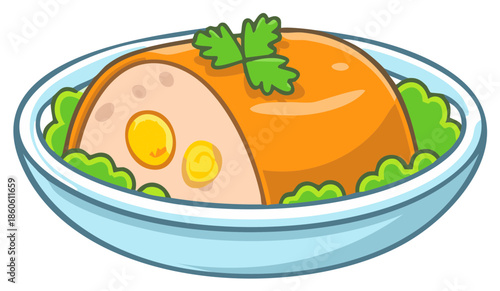 Cartoon illustrated food dish with meat, lemon and herbs, on a light blue bowl.