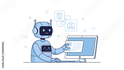 Friendly blue robot interacting with computer in futuristic workspace