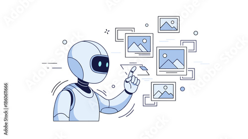 Futuristic robot interacting with digital images in a virtual environment