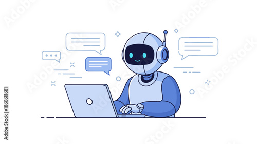 Friendly robot with laptop and chat bubbles in minimalist style