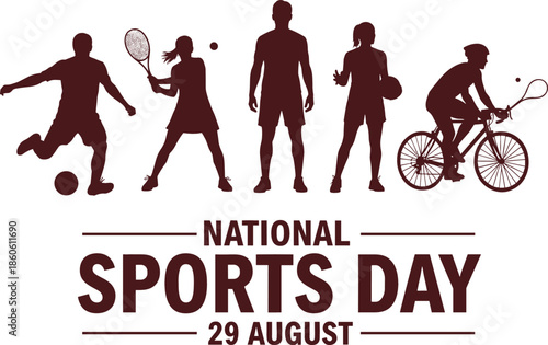 National Sports Day vector graphic with athlete silhouettes for soccer tennis basketball and cycling dated August 29.