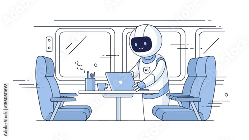 Friendly robot with laptop on train journey