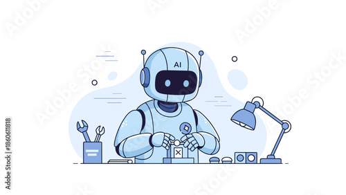 Cute robot developing a project in a futuristic workshop setting