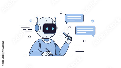Friendly robot engaging in writing with speech bubbles and relaxed atmosphere