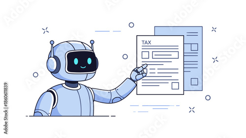 Robot processing tax documents with digital interface and futuristic design
