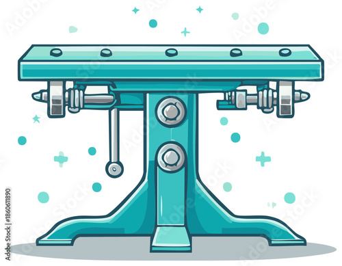 Cartoon illustration of a vintage teal industrial press machine for manufacturing